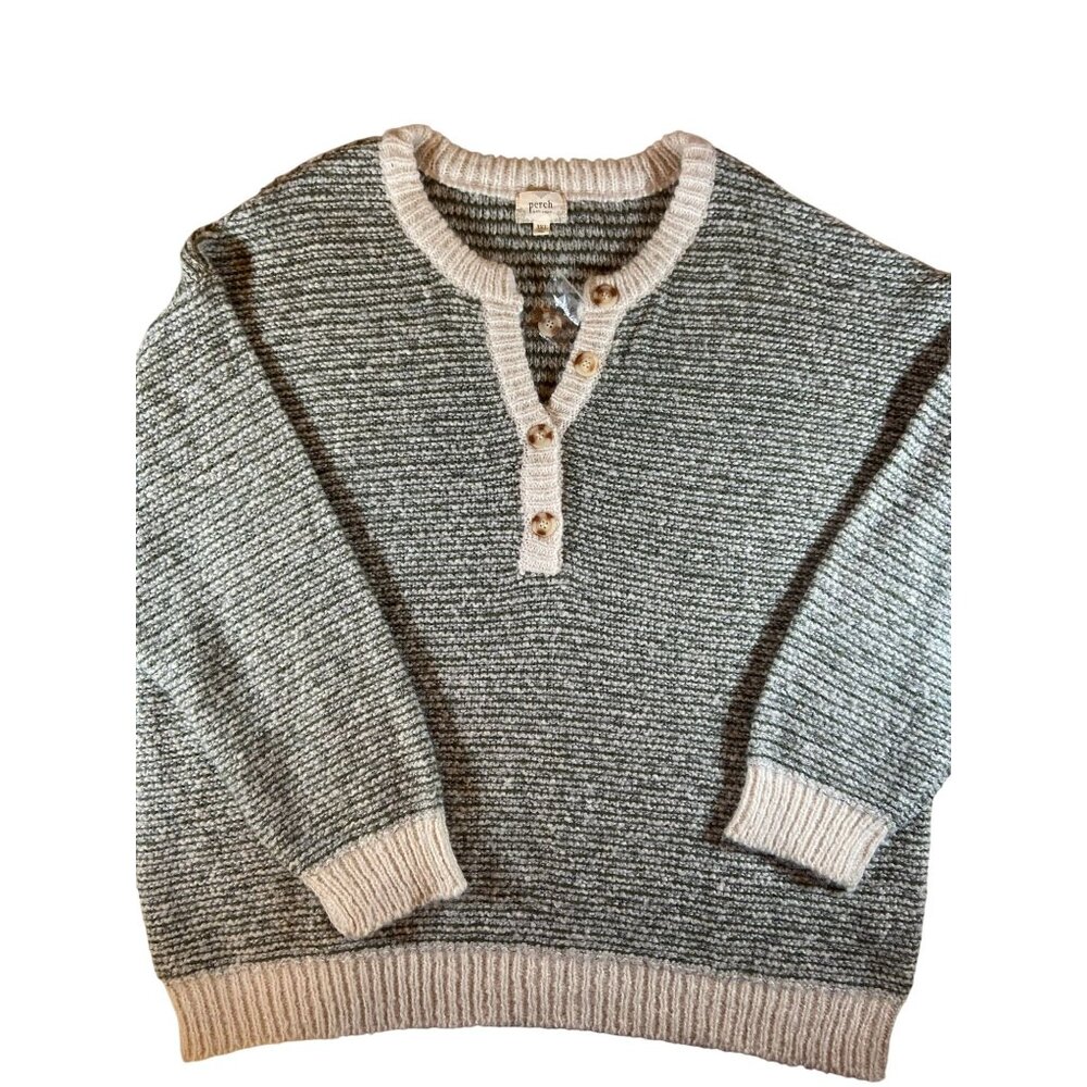 Perch By Blu Pepper Women's 3XL Henley Knit Sweater Green & Cream Button Collar
